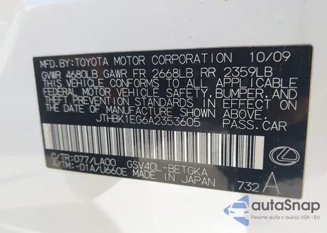 2010 Lexus Es 350 z USA, uszkodzony, nr VIN JTHBK1EG6A2353605